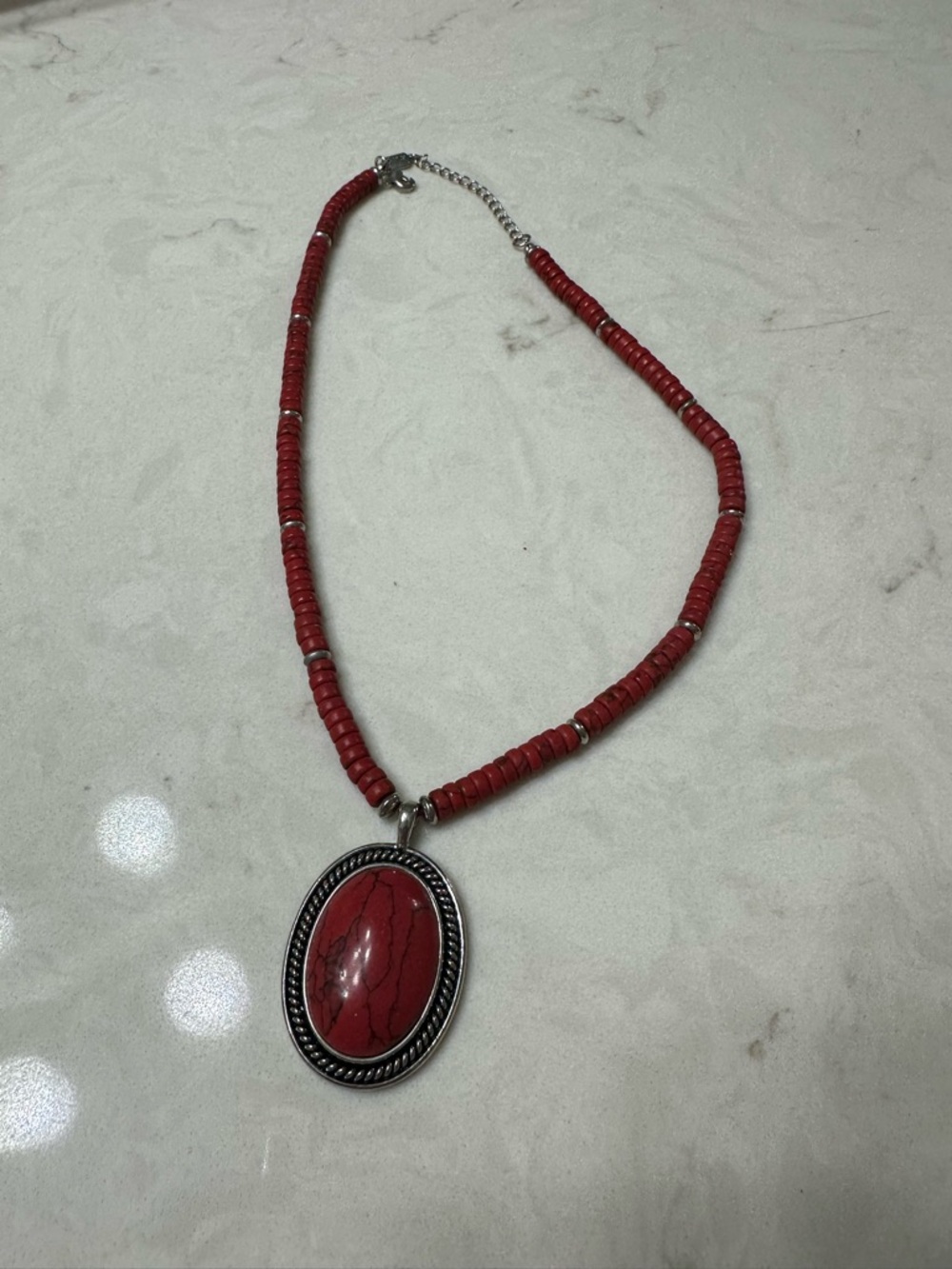 Southwestern Style Red Pendant and Red Bead Silver Tone Necklace, Chaps